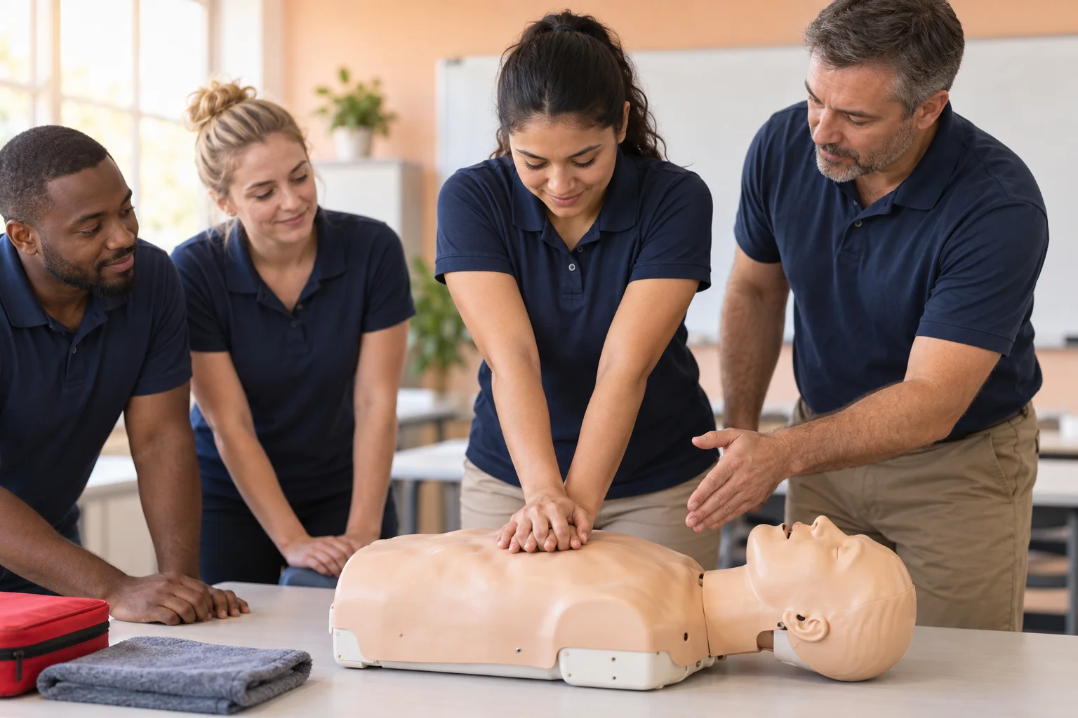 Adult learners practicing CPR on a training manikin with an instructor